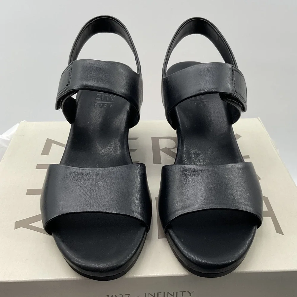 Naturalizer 27 Edit Ziv Black Leather Wedge Sandals Womens Slingback Strappy